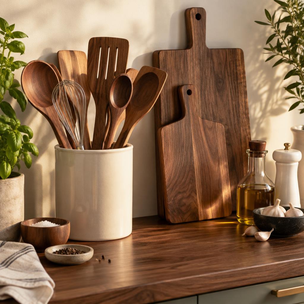 Wooden kitchen utensils and walnut cutting boards in golden sunlight
