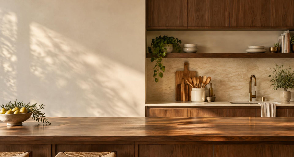 A beautifully organized walnut kitchen with cream walls and green plants in golden sunlight
