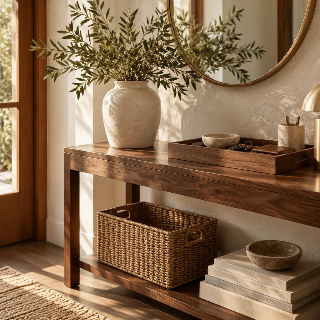 A walnut home console with a tray, ceramic vase and green branches