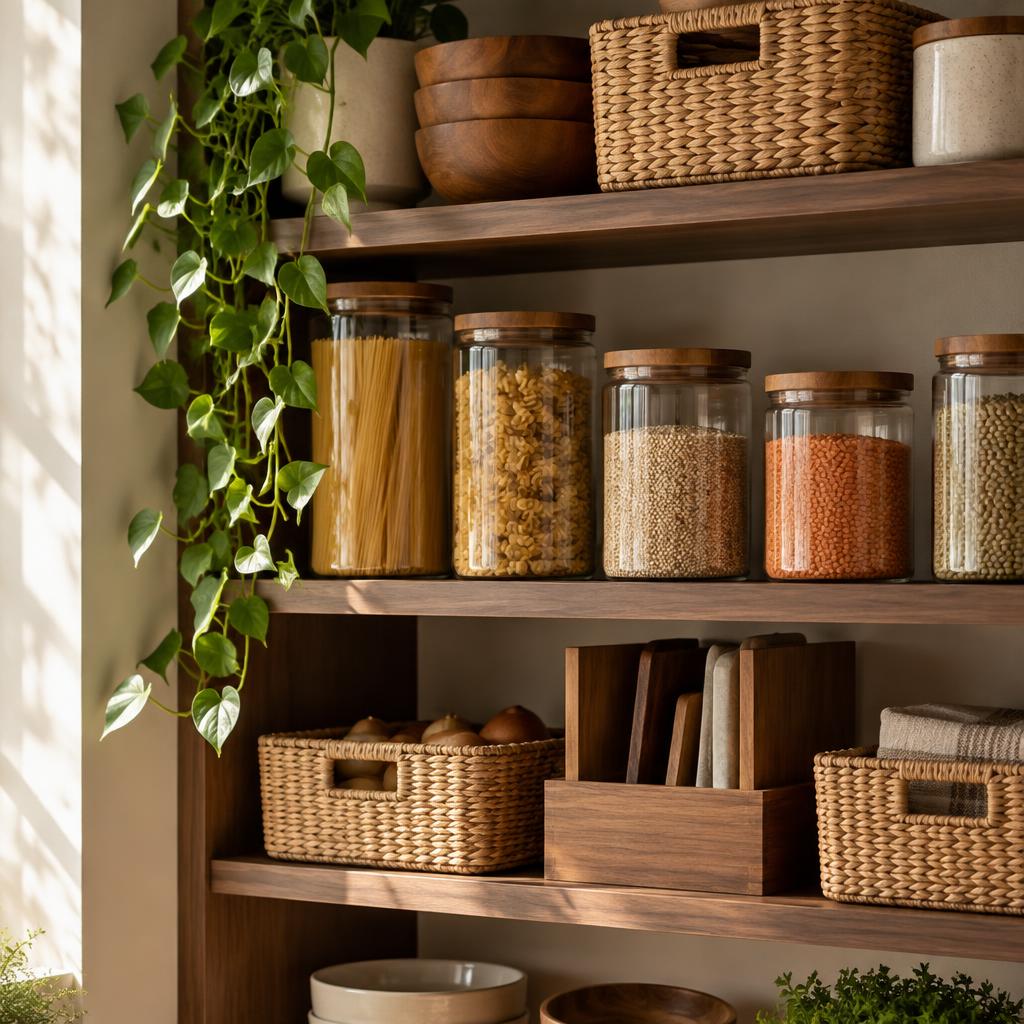 An orderly walnut pantry with glass jars and woven baskets